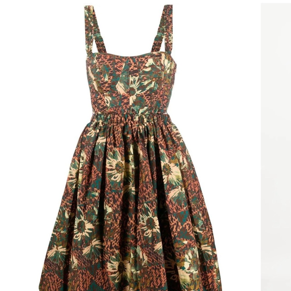 Floral Print Sleeveless Midi Dress in Brown and Green